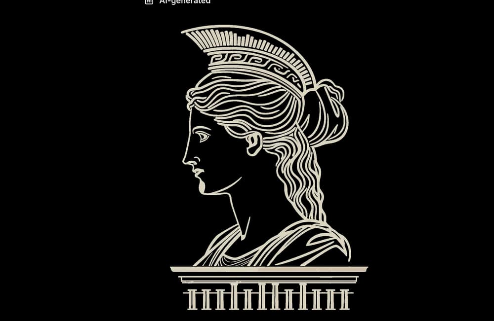 Gold engraving of a classical Greek figure in profile above a temple pediment
